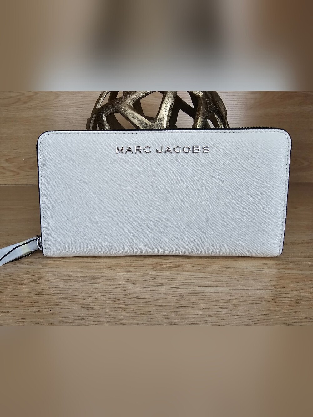 Marc Jacobs White Saffiano Zip Wallet with Silver Logo